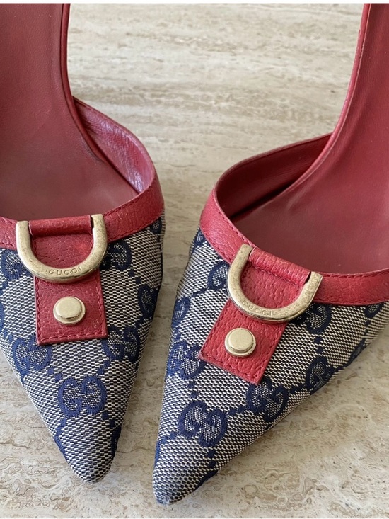 Gucci Shoes - Gucci Navy GG Canvas Pointed Mules with Red Trim and Gold Hardware
